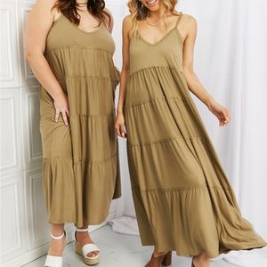 Khaki Spaghetti Strap Tiered Dress with Pockets
